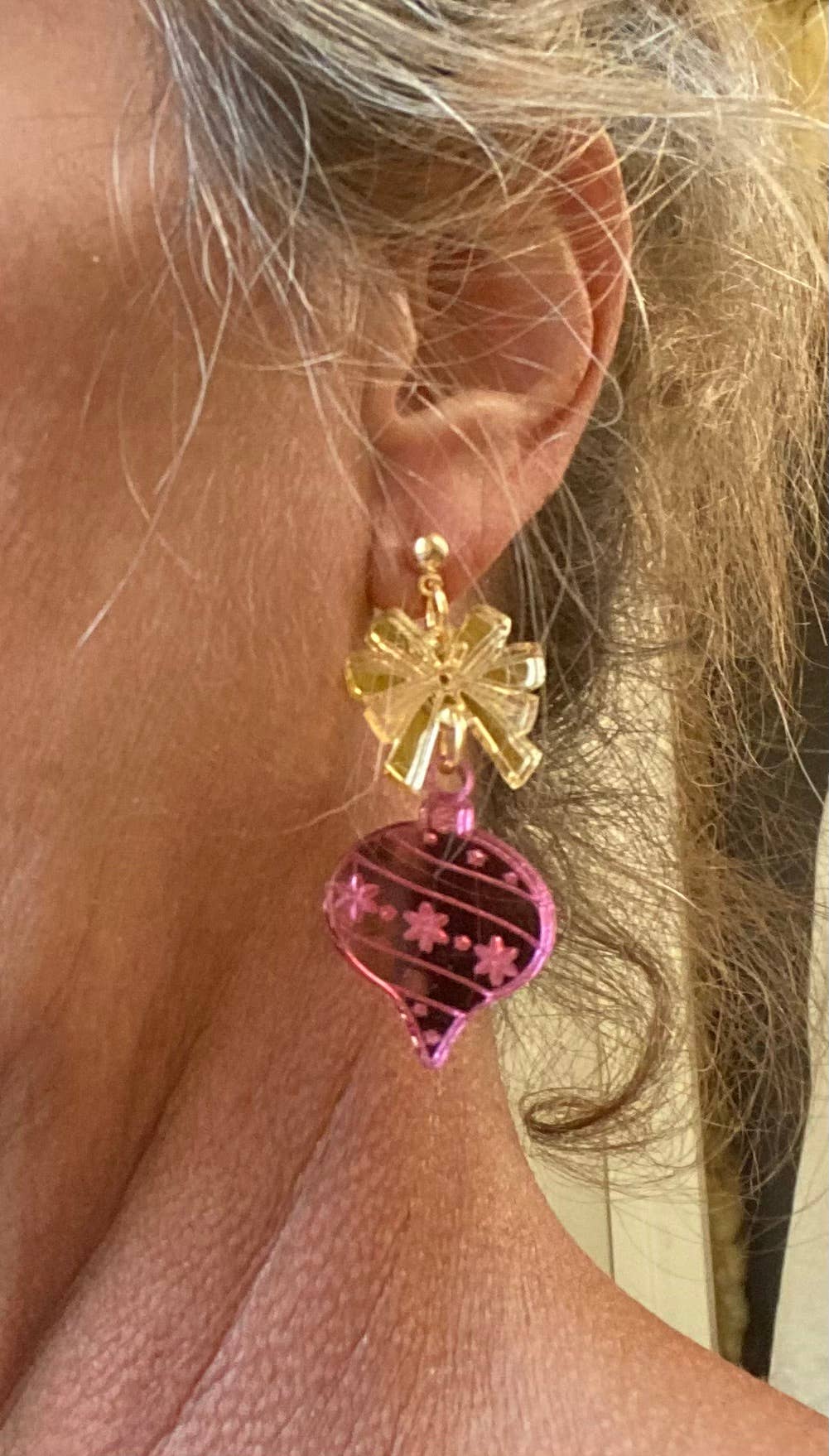 Festive Pink Holiday Ornament Bow Earrings