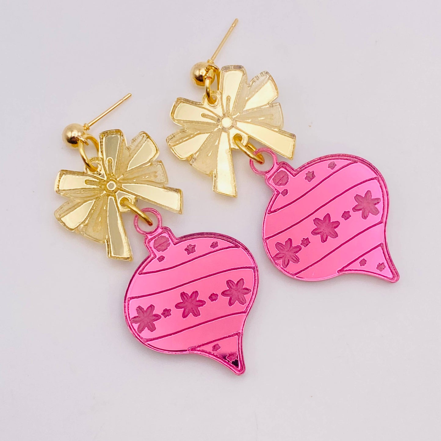 Festive Pink Holiday Ornament Bow Earrings