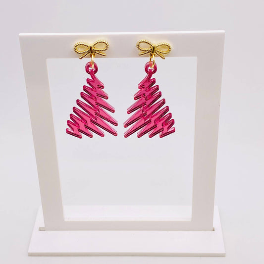 Pink Diamond Christmas Gold Bow Earrings 