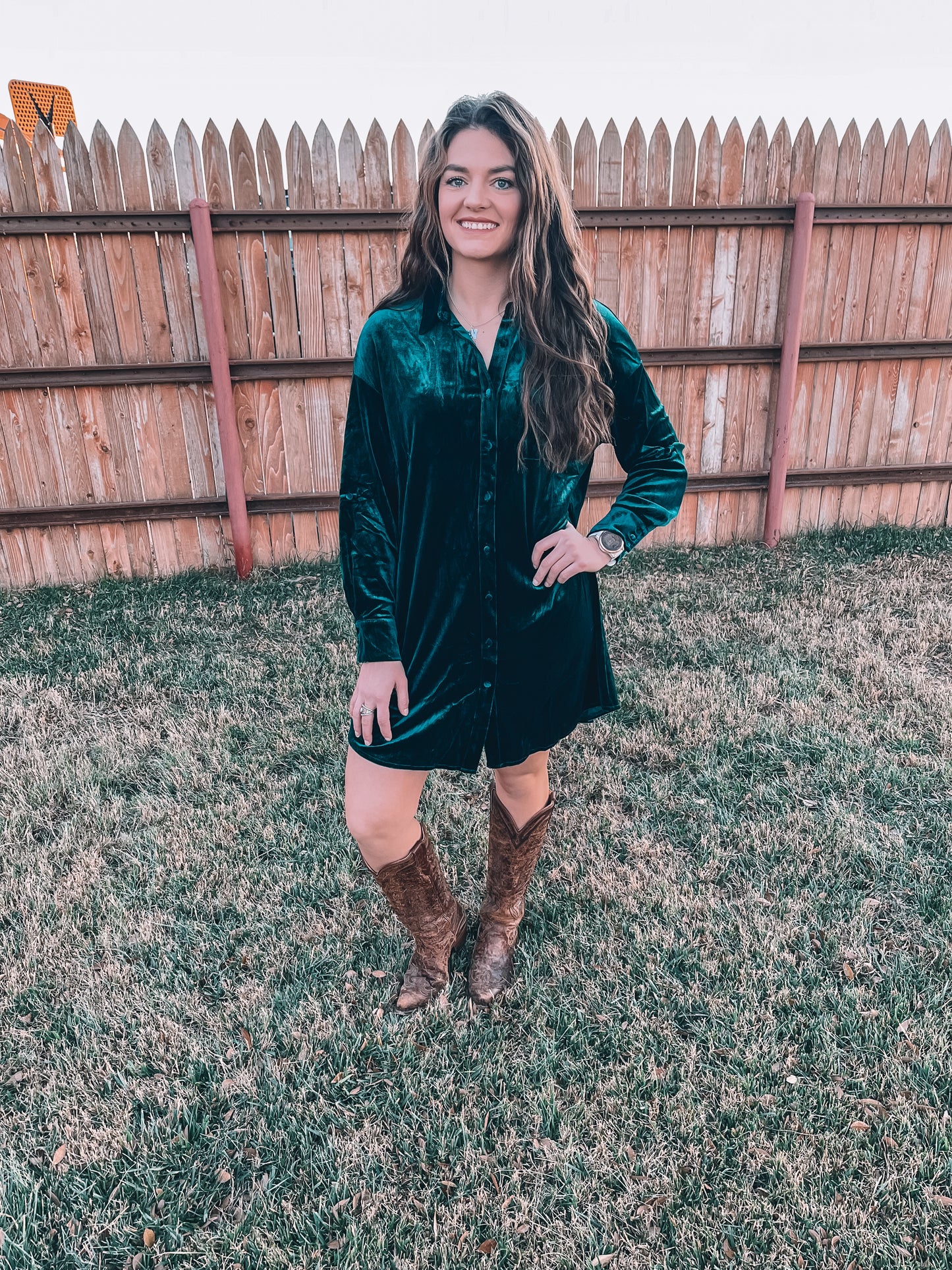 Emerald Velvet Shirt Mini Dress