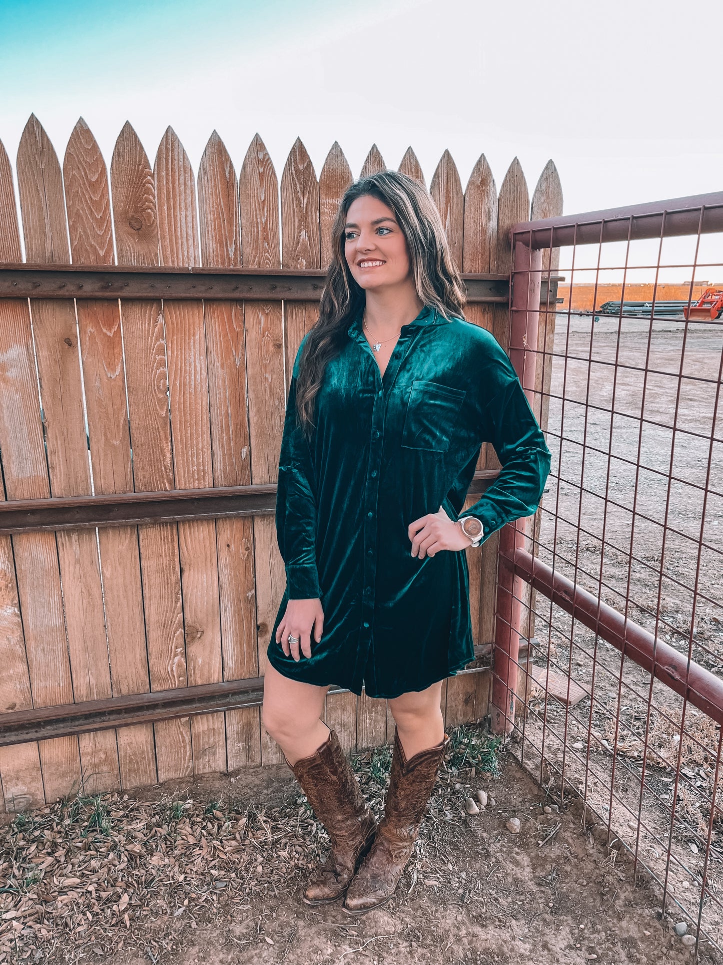 Emerald Velvet Shirt Mini Dress