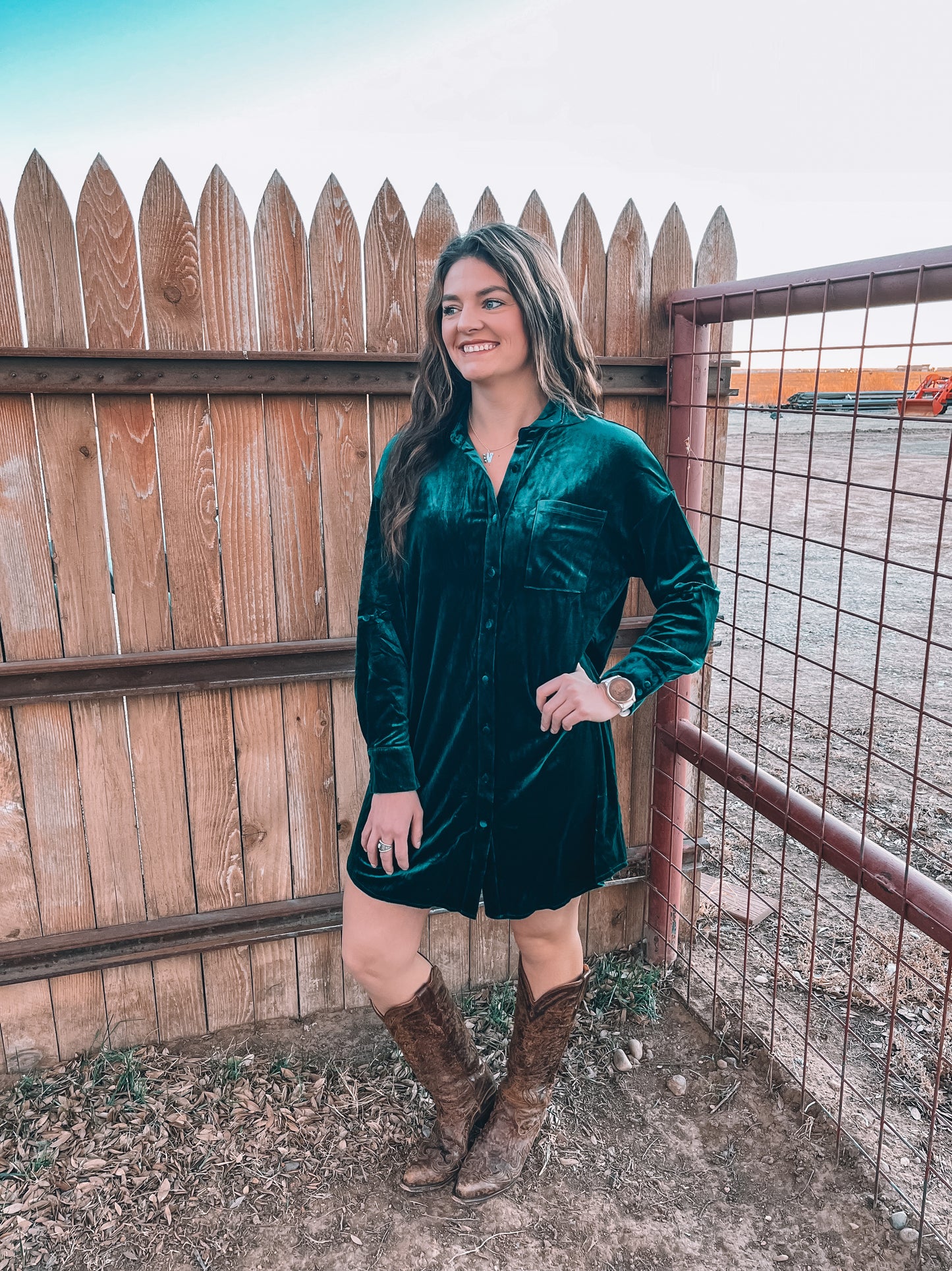 Emerald Velvet Shirt Mini Dress