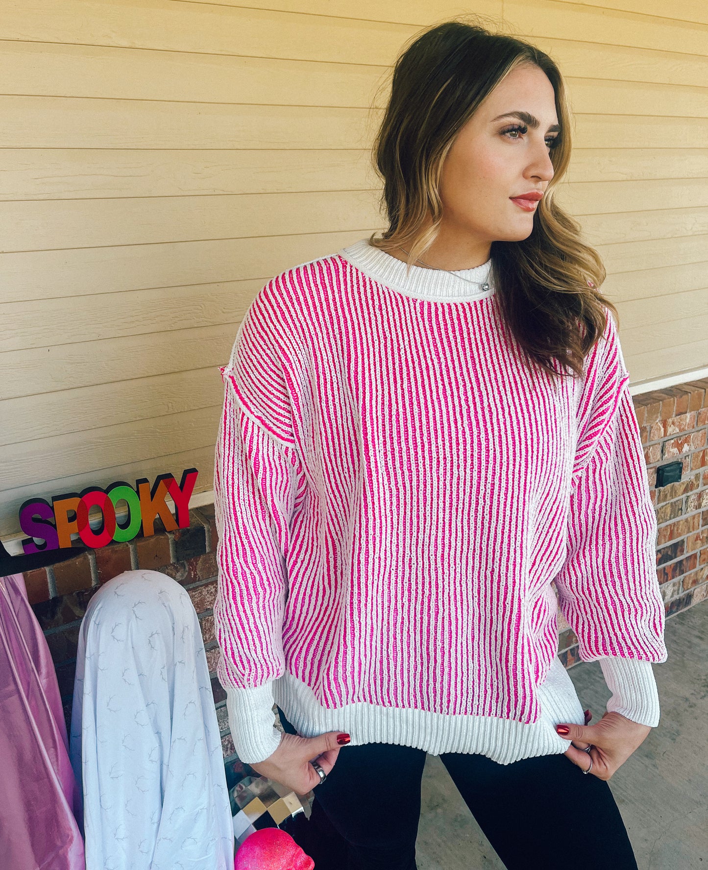 Not so Spooky Pink Striped Sweater