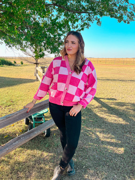 On Wednesdays We Wear Pink Checkered Cardigan